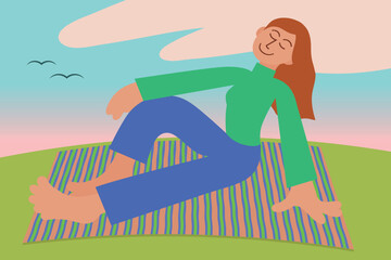 Young woman relaxing on rug at dusk, feeling on top of the world. Modern vector illustration.