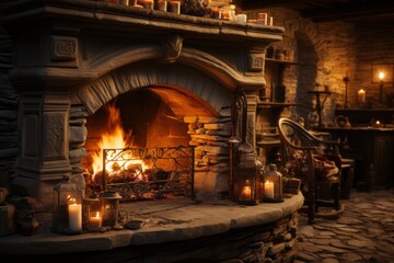 Fireplace in a festive interior. Merry christmas and happy new year concept