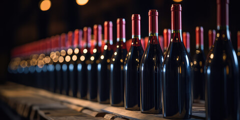 Set of Wine bottles standing in line on dark background. Creative wine dark horizontal wallpaper.