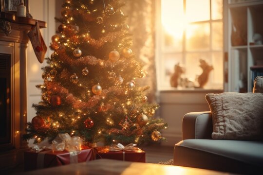 Christmas tree in a festive interior. Merry christmas and happy new year concept