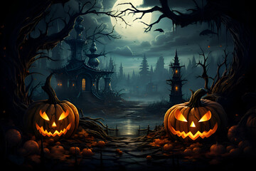 Halloween with Jack-o-lantern on a dark blue spooky background. Generative AI.