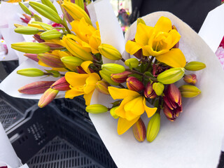 A view of several bouquets of blossoming lilies, on display at a local farmers market.