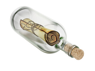 Message in a bottle isolated on transparent background. 3D illustration