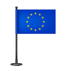 Realistic European table flag on a black steel pole. Souvenir from Europe. Desk flag made of paper or fabric and shiny metal stand. Mockup for promotion and advertising. Vector illustration