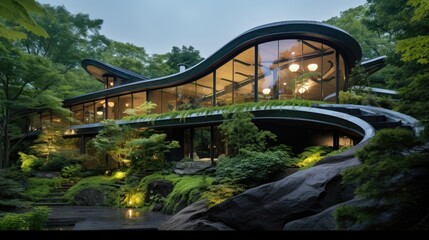 a leaf inspired house that is camouflaged into the surrounding nature