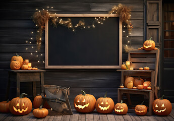 pizarra sobre pared con tablones antiguos de madera en ambiente decorado para fiesta de halloween, con calabazas naranjas, ilustración de IA generativa