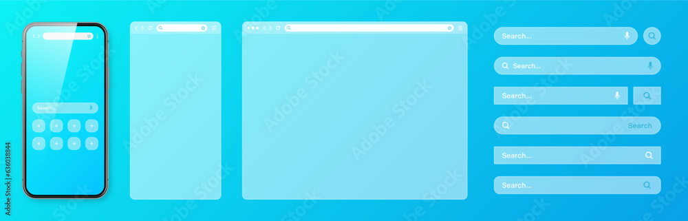 Aufkleber smartphone, transparent internet browser window with various search bar templates. web site engine w