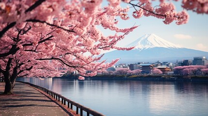 mount fuji and cherry blossom trees in spring, japan. - obrazy, fototapety, plakaty