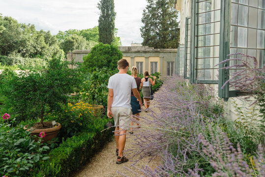 People walking in a garden