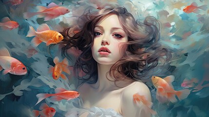 artwork portrait of a girl with fishes
