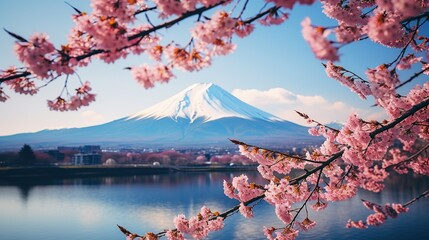 mount fuji and cherry blossom trees in spring, japan.