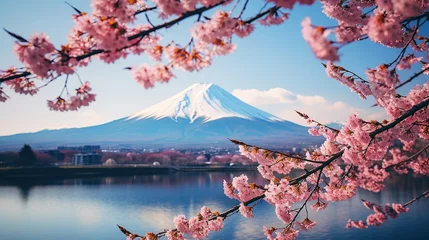 Fototapete Fuji mount fuji and cherry blossom trees in spring, japan.