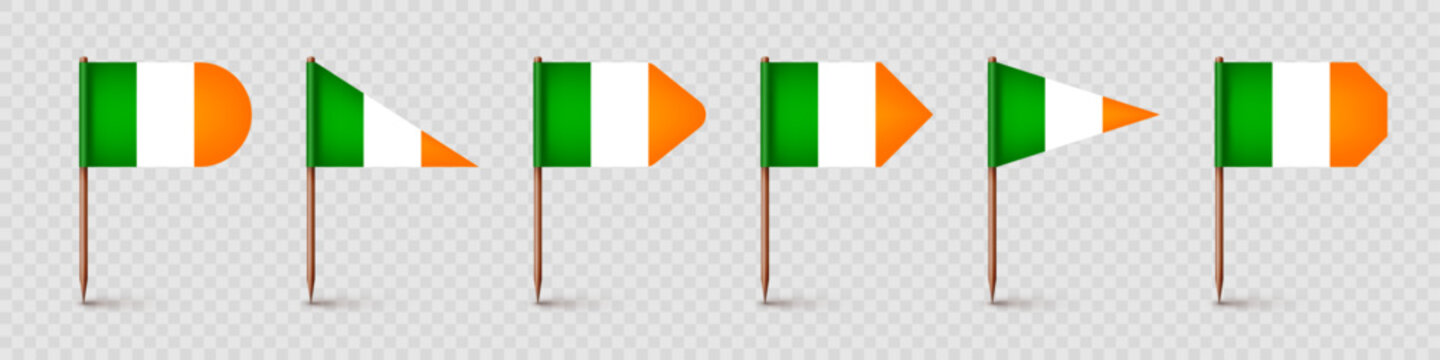 Realistic various Irish toothpick flags. Souvenir from Ireland. Wooden toothpicks with paper flag. Location mark, map pointer. Blank mockup for advertising and promotions. Vector illustration