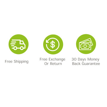 free shipping, free exchange or return, 30 days money back guarantee, green icons badges