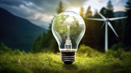 light bulb with green grass with wind power plant in the mountains