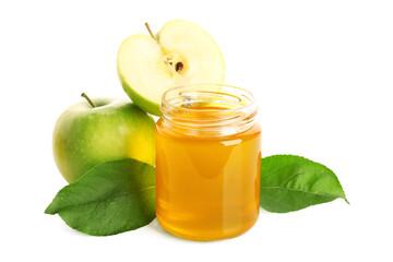 Jar of honey and apples for Rosh Hashanah celebration (Jewish New Year) on white background