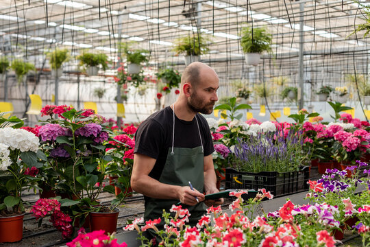 Man holds folder and pen inside greenhouse