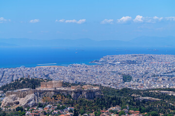 Panorama of Athens with Acropolis hill, Greece. Famous old Acropolis is top landmark of Athens. Skyline of Athens city