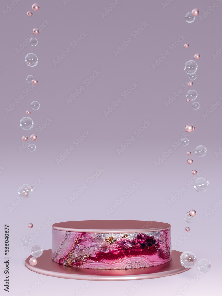 Poster 3d vertical template, mock up pink stand for product presentation with bubbles. minimal abstract bac