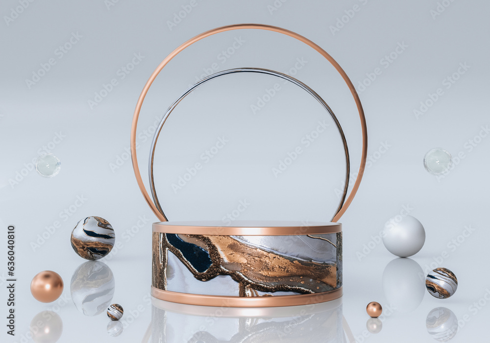 Poster 3d mock up empty round podium for product presentation with bubbles and arch. abstract stylish backg