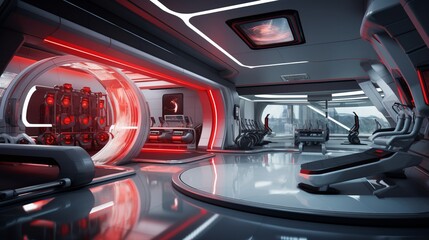 a futuristic interior of a cyberpunk fitness studio - spacious hall with sports equipment, neon blue and cyan lighting