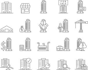 Commercial Real Estate Icons Set. Office, Building, Property. Editable Stroke. Simple Icons Vector Collection