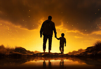 Obraz premium Silhouette of dad and son in golden hour