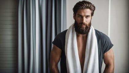 Obraz premium Young man feeling refreshed and rejuvenated as he dries off with a soft bath towel after a relaxing shower