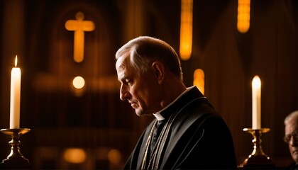 Faithful priest praying in catholic church, devoted prayer