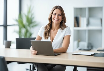 Beautiful happy woman sitting confidently in office and looking at camera