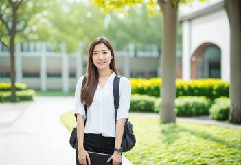 Beautiful Asian student smiling on campus, copyspace