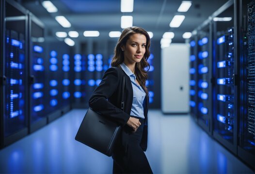 Young woman checks server operation and automation in a data storage room with her tablet