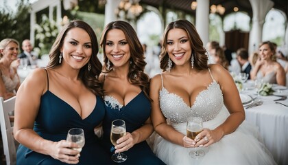 Group of female friends attending a wedding and having fun
