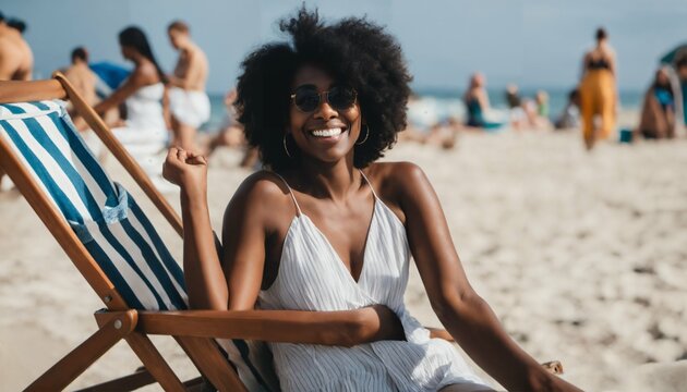 Smiling Black Woman Relaxing On Deck Chair At Beach