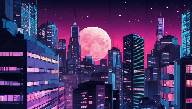 Anime style night cityscape with neon lights and a big moon in the sky, neo crisp and neon flat
