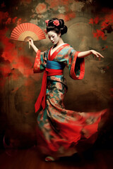 Painting of dancing geisha in kimono with paper fan - sansu