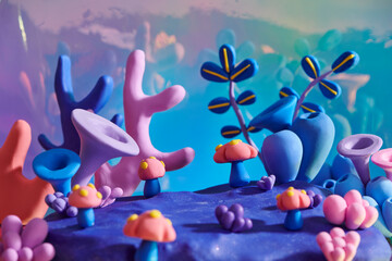 Handcraft colored plasticine of underwater scene with coral reef