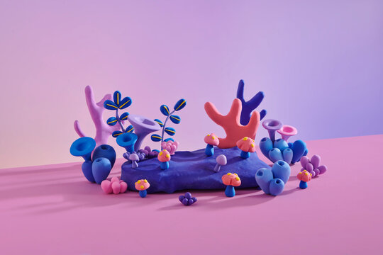 Underwater sea landscape with marine plants made form clay polymer