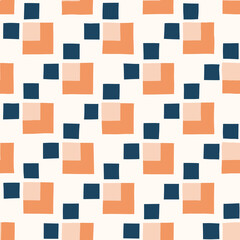 Hand-Drawn Blue, Orange and Pink Geometric Checks Vector Seamless Pattern. Modern Retro Palyful Print. Organic Square Shapes - 636042010