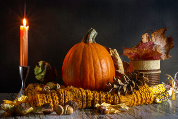 Thanksgiving or Halloween table decoration, fall concept