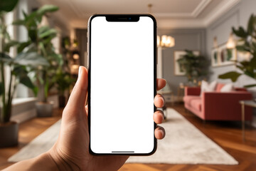 Iphone held in hand mockup with transparent screen, blurred living room backdrop