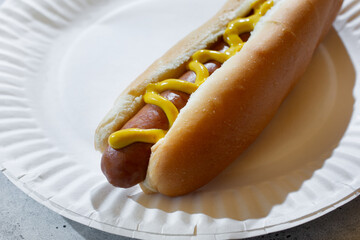 A view of a hot dog featuring mustard topping.