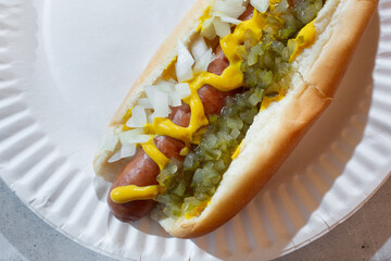 A top down view of a hot dog featuring toppings as mustard, onions and relish.