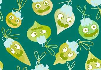 Christmas tree balls seamless cartoon monsters with face pattern for fabrics and wrapping paper and kids print