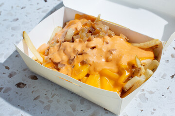 A view of a tray of loaded fries.