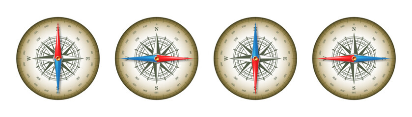 Marine compass, nautical wind rose with cardinal directions of North, East, South, West and degree markings. Geographical position and orientation, cartography and navigation. Vector illustration