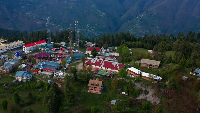 Drone view over Namche Bazaar village in Nepal with green landscape