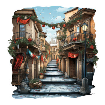  A heartwarming Christmas day stockings t-shirt design, set in a traditional European village, with stockings hung on charming wooden balconies, Generative Ai