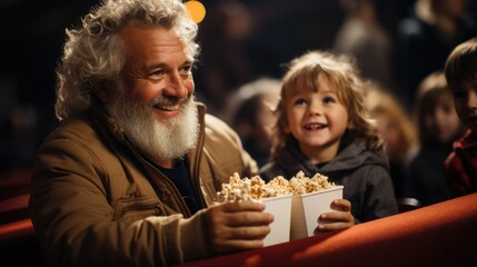 Christmas time Santa Claus and kids in a movie theater - Christmas themed stock photo