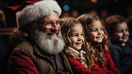 Christmas time Santa Claus and kids in a movie theater - Christmas themed stock photo